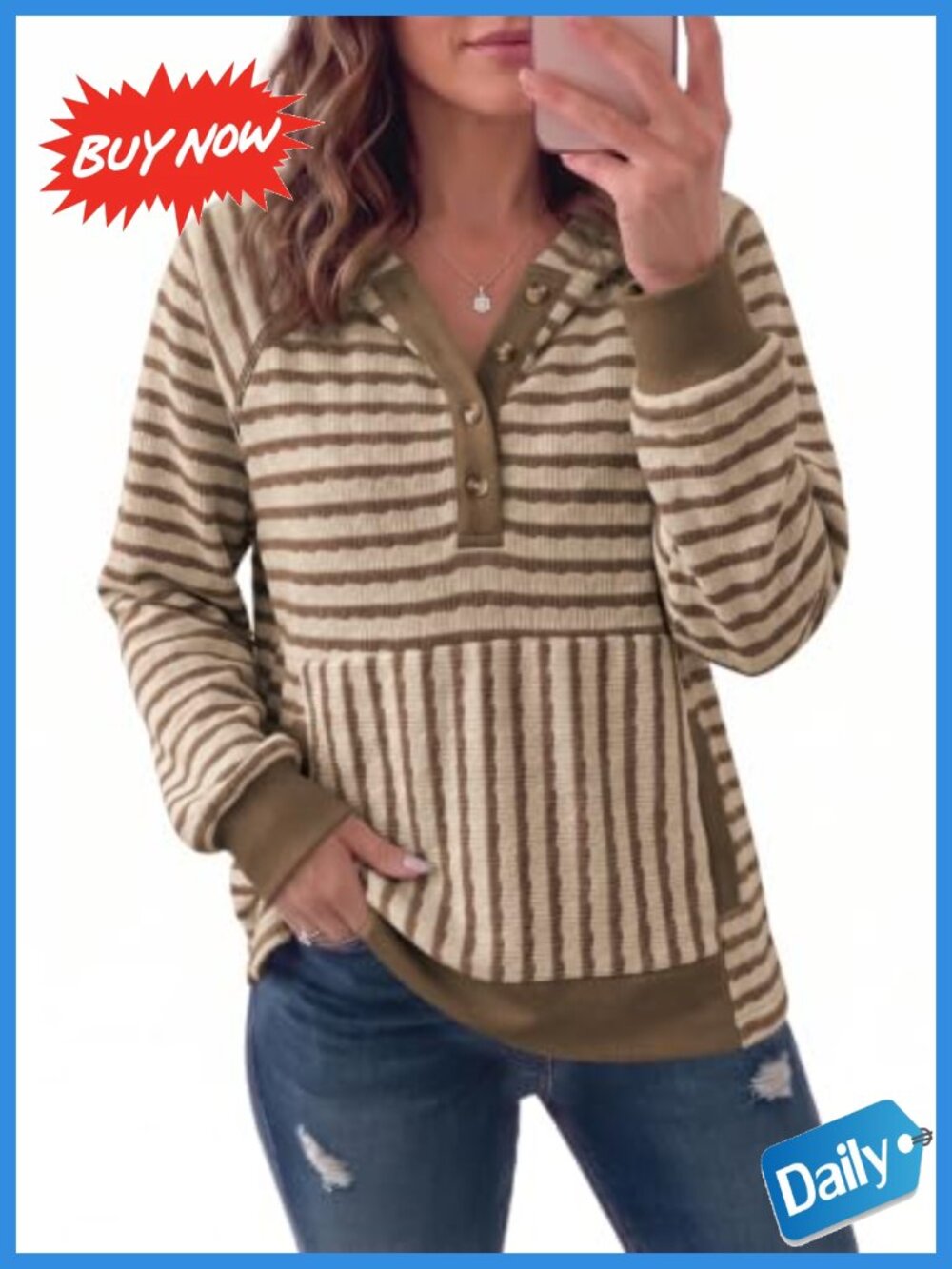 Striped Hoodie Women V Neck Button Pullover Sweatshirt Long Sleeve Tunic